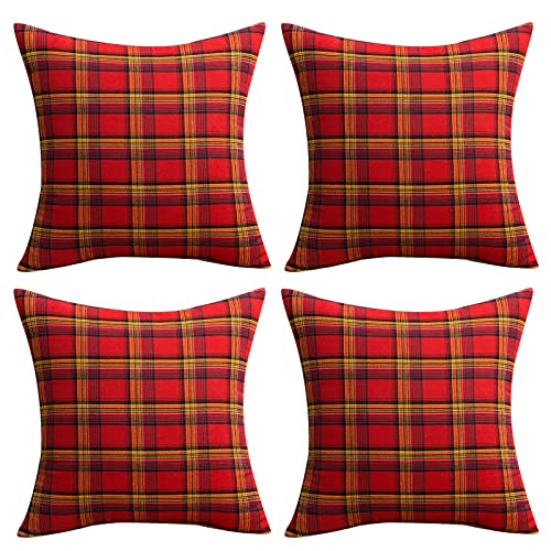 Qelus 4 Stück Weihnachten Kissenbezug, Kariert Plaid Dekorative Kissenhülle Baumwolle Polyester, 45x45cm Weihnachtskissenbezug Dekokissen Kissenbezüge, für Wohnzimmer Sofa Schlafzimmer (Gelb und Rot) von Qelus