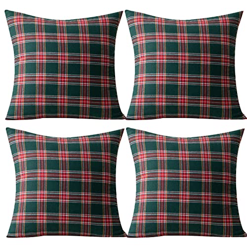 Qelus 4 er Kissenbezug Weihnachten Set, Kariert Plaid Kissenhülle 45x45cm, Weihnachtskissenbezug Dekorative Kissenbezüge Baumwolle Polyester, für Wohnzimmer Sofa Schlafzimmer (Rot und Grün) von Qelus