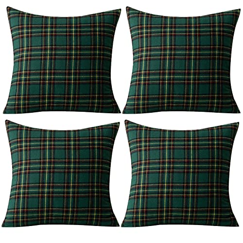 Qelus Kissenhülle Weihnachten 4 er Set, Kissenbezug 45x45cm Baumwolle Polyester, Kariert Plaid Weihnachtskissenbezug Dekorative Kissenbezüge Set, für Wohnzimmer Sofa Schlafzimmer (Grün und Gelb) von Qelus