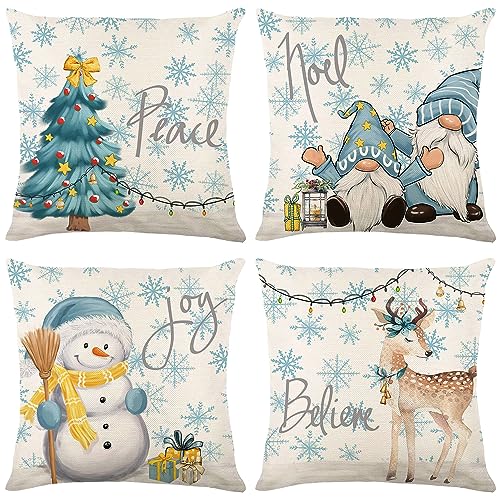 Qelus 4 Stück Kissenbezug Weihnachten, Weihnachtskissenbezug 45x45 cm, Elf Zwerge Rentier Blaue Schneeflocken Muster Kissenhülle Leinenoptik Kissenbezüge für Weihnachten Wohnzimmer Sofa Deko von Qelus