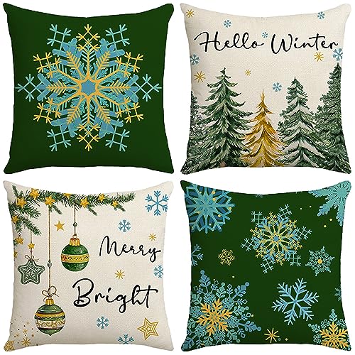 Qelus 4 er Kissenbezug Weihnachten, Weihnachten Kissenbezüge 45x45 cm, Schneeflocke Weihnachtsbaum Grün Muster Kissenhülle Leinenoptik Weihnachtskissenbezug für Wohnzimmer Schlafzimmer Sofa Deko von Qelus