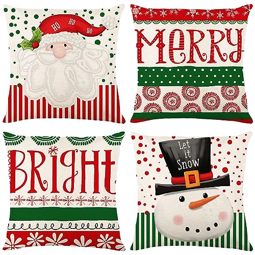 Qelus 4 er Kissenbezug Weihnachten, Weihnachten Kissenbezüge 45x45 cm, Weihnachtsmann Schneemann Muster Kissenhülle Leinenoptik Dekorative Weihnachtskissenbezug für Wohnzimmer Schlafzimmer Sofa Deko von Qelus