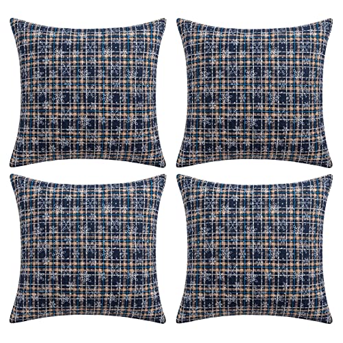 Qelus 4 er Set Kissenbezug Weihnachten, Kissenhülle Kariert Schneeflocke 45x45cm, Weihnachtskissenbezug Dekorative Kissenbezüge Baumwolle Polyester, für Wohnzimmer Sofa Schlafzimmer (Blau) von Qelus