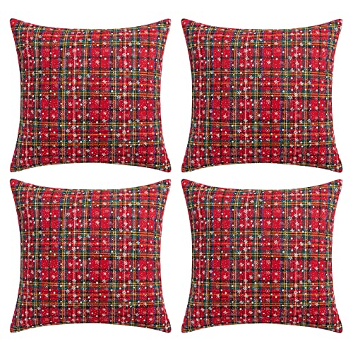 Qelus 4 er Set Kissenbezug Weihnachten, Kissenhülle Kariert Schneeflocke 45x45cm, Weihnachtskissenbezug Dekorative Kissenbezüge Baumwolle Polyester, für Wohnzimmer Sofa Schlafzimmer (Rot und Grün) von Qelus