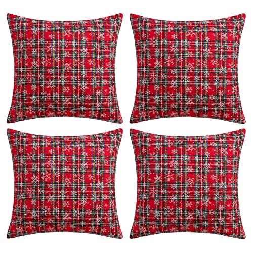 Qelus 4 er Set Kissenbezug Weihnachten, Weihnachtskissenbezug Kariert Schneeflocke 45x45cm, Dekorative Kissenhülle Kissenbezüge Baumwolle Polyester, für Wohnzimmer Sofa Schlafzimmer (Rot) von Qelus