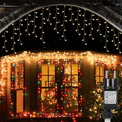 Qelus 400LED Eisregen Lichterkette, Lichterketten Außen 10m Eiszapfen Lichter, 8 Modi Beleuchtung Timer Lichtervorhang für Aussen Innen Weihnachten Garten Party Balkon Hochzeit Deko, Warmweiß von Qelus