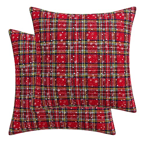 Qelus Kissenbezug Weihnachten 2 er Set, Weihnachtskissenbezug Kariert Schneeflocke 45x45cm, Dekorative Kissenhülle Kissenbezüge Baumwolle Polyester, für Wohnzimmer Sofa Schlafzimmer (Rot Gelb) von Qelus