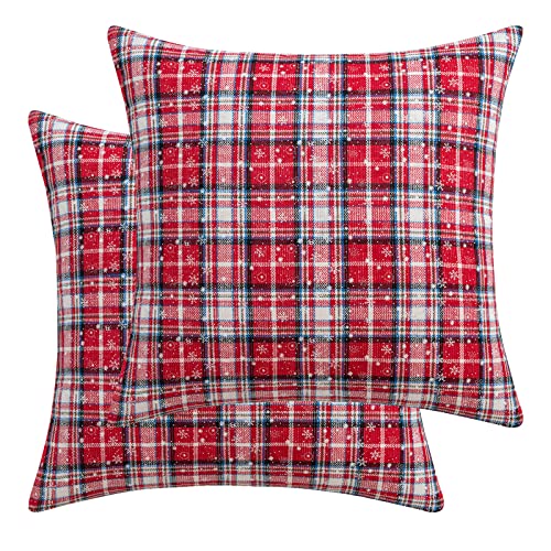 Qelus Kissenbezug Weihnachten 2 er Set, Weihnachtskissenbezug Kariert Schneeflocke 45x45cm, Dekorative Kissenhülle Kissenbezüge Baumwolle Polyester, für Wohnzimmer Sofa Schlafzimmer (Rot Weiß) von Qelus