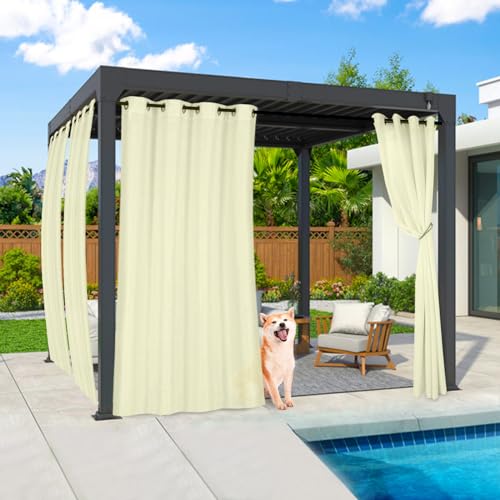 Qelus Outdoor Vorhang Wetterfest, 2er Set Nicht Transparent Outdoorvorhänge Wasserdicht mit Ösen, Dekoschal Sonnenschutz Sichtschutz für Balkon Garten Terrasse Pavillon, B132xH213cm, Creme von Qelus