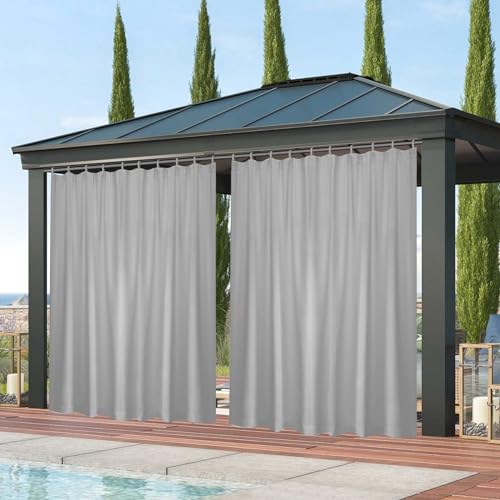 Qelus Outdoor Vorhang Wasserdicht, B254xH213cm mit Klettverschluss, Outdoorvorhänge Sonnenschutz für Balkon Sichtschutz Pavillon Pergola Terrasse Garten (Hellgrau) von Qelus