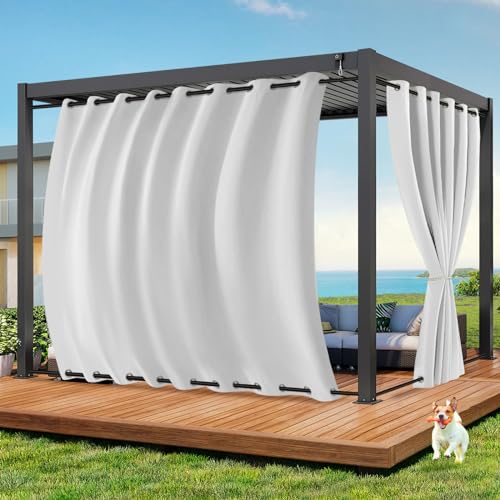 Qelus Outdoor Vorhang Wetterfest B254xH213CM, Wasserdicht Outdoorvorhänge mit Ösen, Aussen Gardinen Winddicht Sonnenschutz Sichtschutz für Garten Terrasse Balkon Pergola Pavillon (Grauweiß) von Qelus