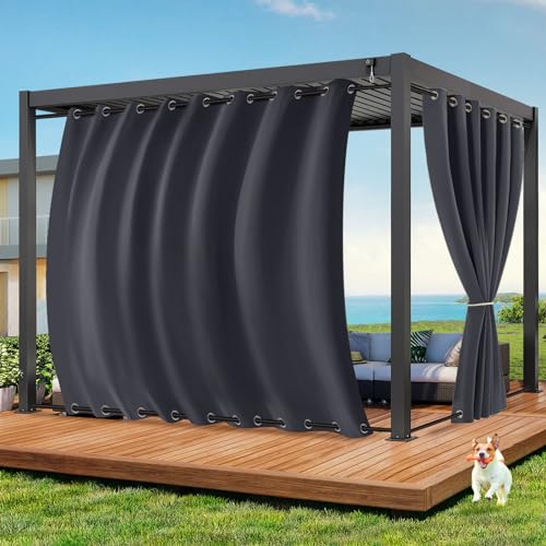 Qelus Outdoor Vorhang Wetterfest B254xH243CM, Wasserdicht Outdoorvorhänge mit Ösen, Aussen Gardinen Winddicht Sonnenschutz Sichtschutz für Garten Terrasse Balkon Pergola Pavillon (Anthrazitgrau) von Qelus