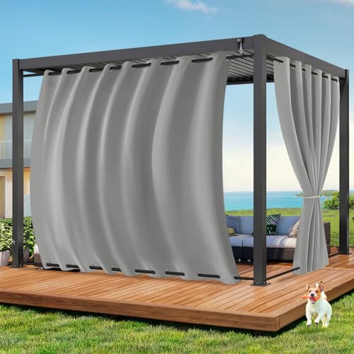 Qelus Outdoor Vorhang Wetterfest B254xH243CM, Wasserdicht Outdoorvorhänge mit Ösen, Aussen Gardinen Winddicht Sonnenschutz Sichtschutz für Garten Terrasse Balkon Pergola Pavillon (Hellgrau) von Qelus