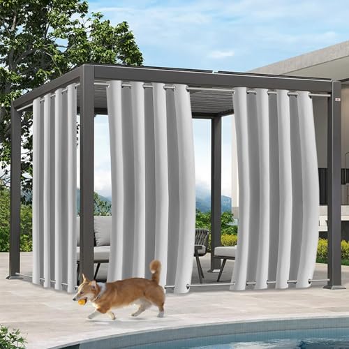 Qelus Outdoor Vorhang Wetterfest mit Ösen Oben und Unten, 2er Set B132xH213CM Outdoorvorhänge, Wasserdicht Sonnenschutz Sichtschutz für Balkon Veranda Pergola Gartenlaube (Grau) von Qelus