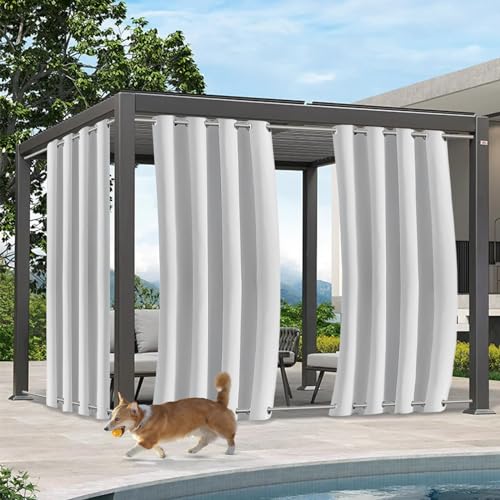 Qelus Outdoor Vorhang Wetterfest mit Ösen Oben und Unten, 2er Set B132xH274CM Outdoorvorhänge, Wasserdicht Sonnenschutz Sichtschutz für Balkon Veranda Pergola Gartenlaube (Grauweiß) von Qelus