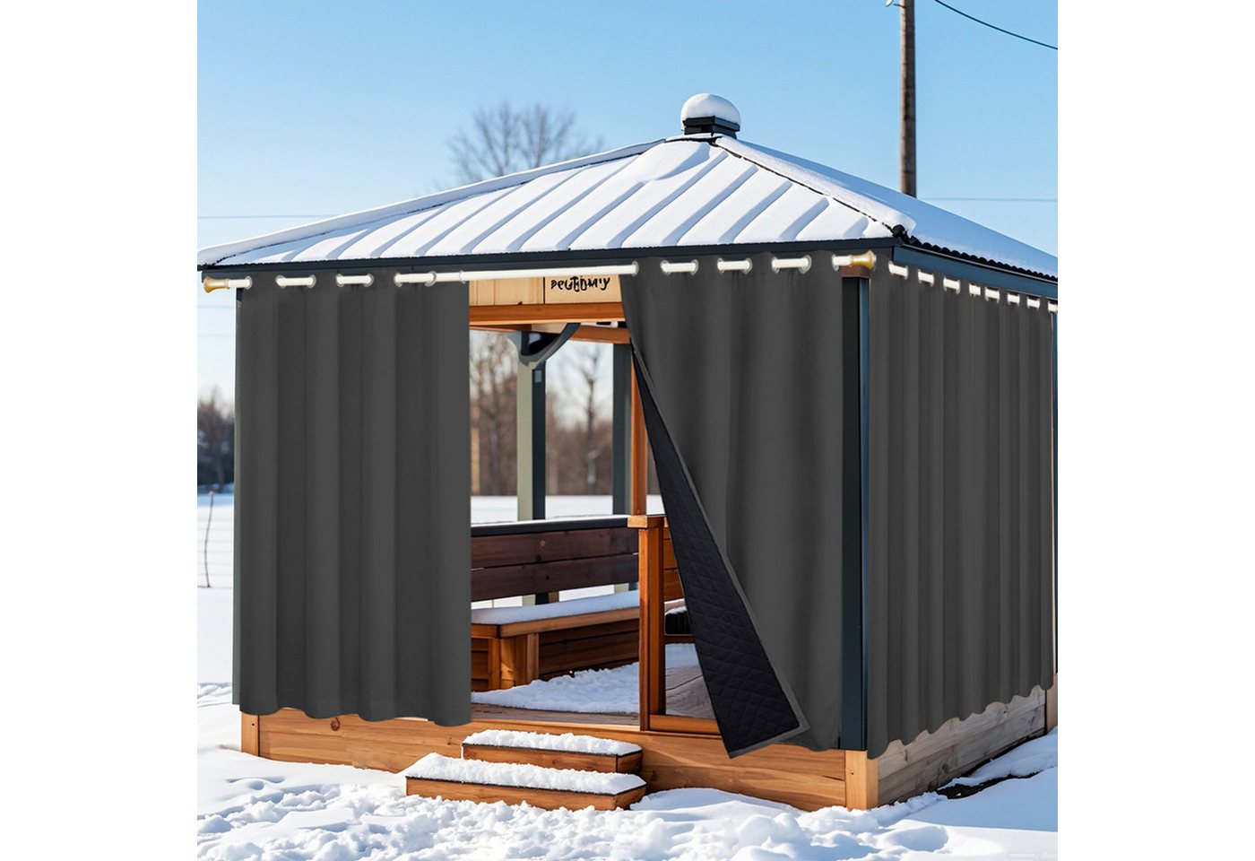 Qelus Outdoorvorhang Winddicht Wasserdicht Thermovorhänge Kälteschutz 100% Verdunkelung, (1 St), Gardinen 1/2er set für Terrasse Balkon Terrasse Veranda Pergola von Qelus