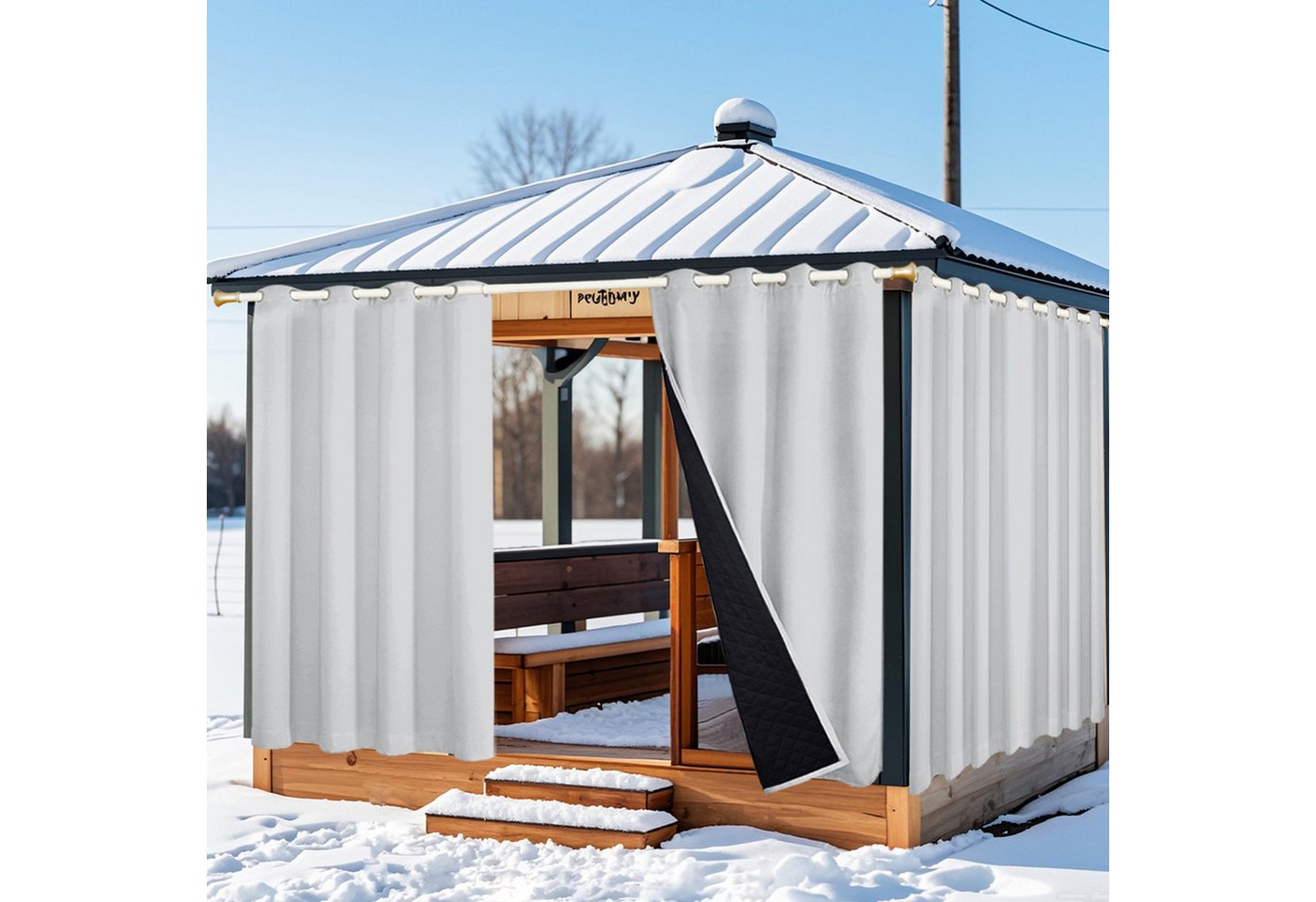 Qelus Outdoorvorhang Winddicht Wasserdicht Thermovorhänge Kälteschutz 100% Verdunkelung, (1 St), Gardinen 1/2er set für Terrasse Balkon Terrasse Veranda Pergola von Qelus