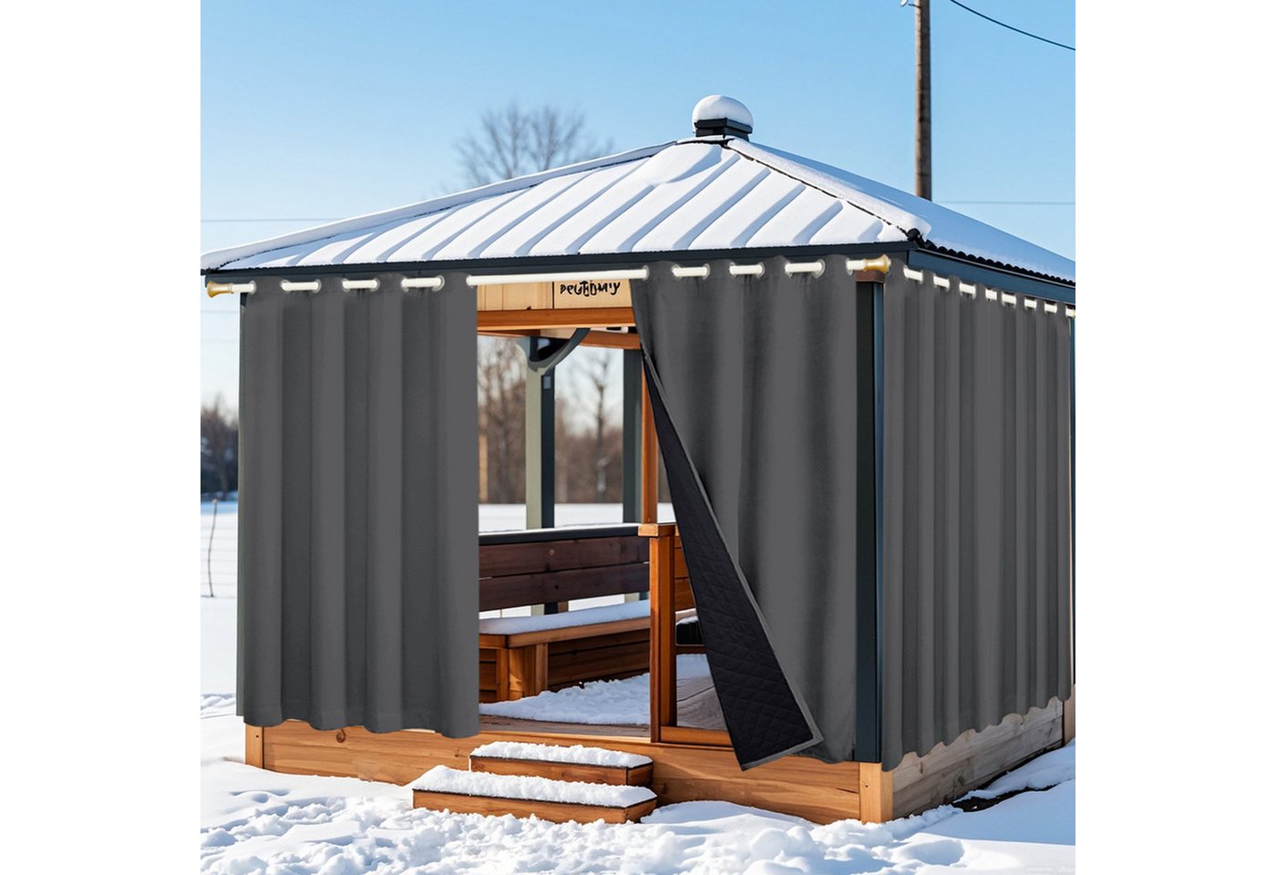 Qelus Outdoorvorhang Winddicht Wasserdicht Thermovorhänge Kälteschutz 100% Verdunkelung, (2 St), Gardinen 1/2er set für Terrasse Balkon Terrasse Veranda Pergola von Qelus