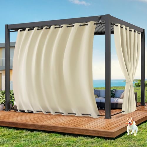 Qelus Vorhang Outdoor Wetterfest B254xH213CM, Wasserdicht Outdoorvorhänge mit Ösen, Aussen Gardinen Winddicht Sonnenschutz Sichtschutz für Garten Terrasse Balkon Pergola Pavillon (Beige) von Qelus