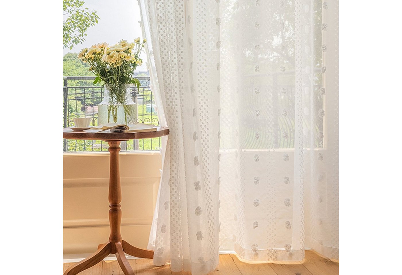 Qelus Vorhang Pompons Voile Gardinen Weiß Fenstervorhang Transparent Schlafzimmer (2 St), Rutentasche von Qelus