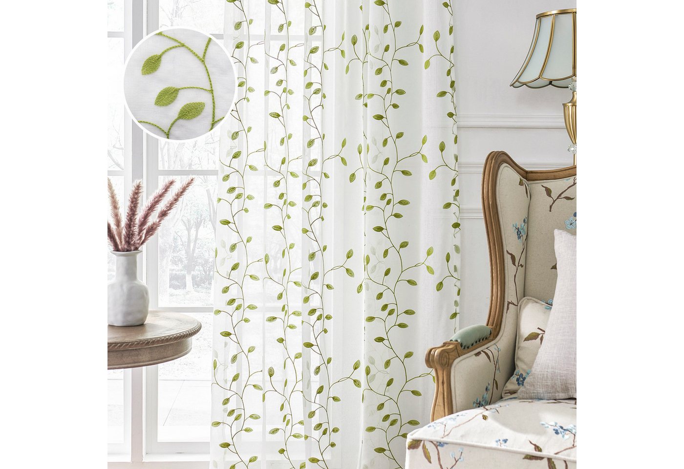 Qelus Vorhang Weiß Transparent mit Blattstickerei für Stabtasche, 2st Voile Gardinen (2 St), Moderne Gardinen mit Muster für Wohnzimmer Schlafzimmer Dekor von Qelus