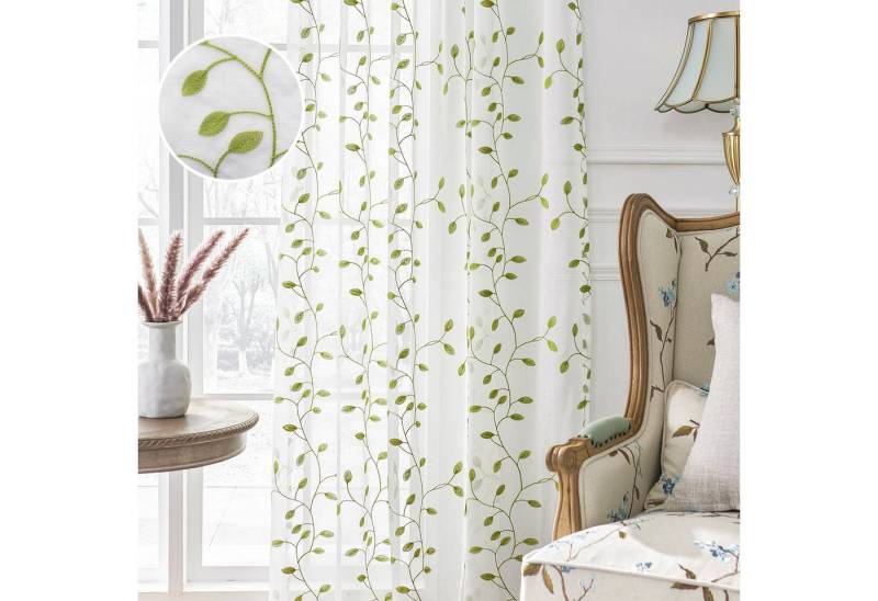 Qelus Vorhang Weiß Transparent mit Blattstickerei für Stabtasche, 2st Voile Gardinen (2 St), Moderne Gardinen mit Muster für Wohnzimmer Schlafzimmer Dekor von Qelus