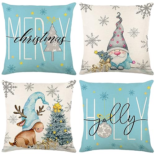 Qelus Weihnachtskissenbezug 4 Stück Set, 45x45 cm Kissenbezug Weihnachten, Elf Zwerge Rentier Blaue Grau Muster Kissenhülle Leinenoptik Dekorative Kissenbezüge für Weihnachten Wohnzimmer Sofa Deko von Qelus