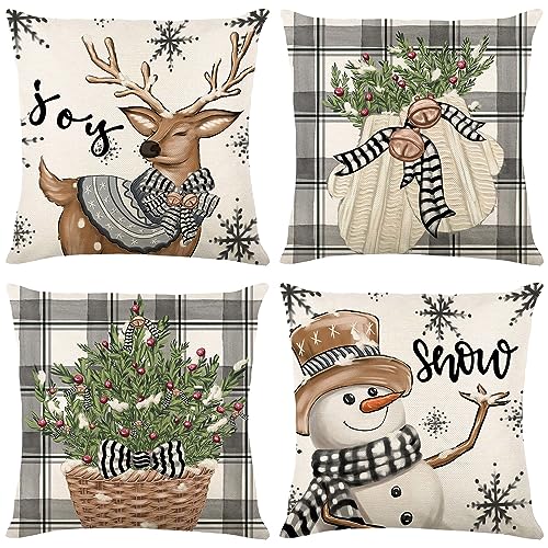 Qelus Weihnachtskissenbezug 4 Stück Set, 45x45 cm Kissenbezug Weihnachten, Rentier Schneemann Krawatte Schneeflocke Kariert Muster Kissenhülle Leinenoptik für Weihnachten Wohnzimmer Sofa Deko von Qelus