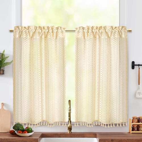 Scheibengardinen Küche Bohemien mit Quaste 2er Set B60xH100cm, Boho Vorhang Beige Bistrogardine, Küchengardinen Landhausstil Gardinen für Wohnzimmer Landhaus Kleine Fenster von Qelus