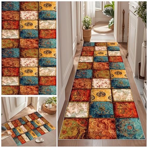 Teppich Läufer 100 x 250 cm Rutschfest Küchenteppich Teppichläufer Flur Vintage Küchenteppich Waschbar Rutschfest Fußmatte Lang Flur Teppich Meterware für Garten Küche Patio Flur Porch auf Maß von Qemgrste