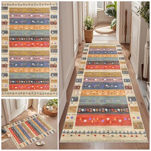 Teppich Läufer Flur Lang 70 x 250 cm Rutschfest Küche Teppich Waschbar Korridor Teppich Flurläufer Lang Korridor Teppich Läufer Flur Vintage Teppich für Wohnzimmer Küche Schlafzimmer Meterware von Qemgrste