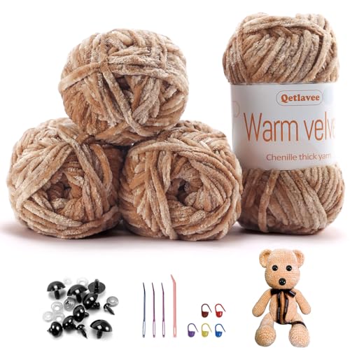 Qetlavee 4 x 100 g (4 x 80 m) Chenille Wolle Samtig Baby Wolle, Flauschige Weiche Chenille Garn Dicke Wolle zum Häkeln, mit Viele Zubehör, für Decken, Schals, Taschen, Puppen (Hellbraun) von Qetlavee