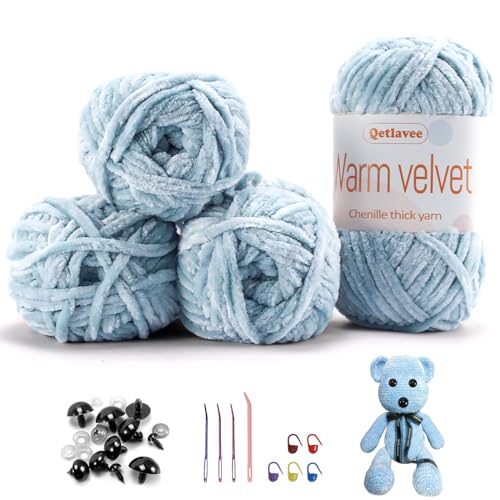 Qetlavee 4 x 100 g (4 x 80 m) Chenille Wolle Samtig Baby Wolle, Flauschige Weiche Chenille Garn Dicke Wolle zum Häkeln, mit Viele Zubehör, für Decken, Schals, Taschen, Puppen (Helles Grün) von Qetlavee