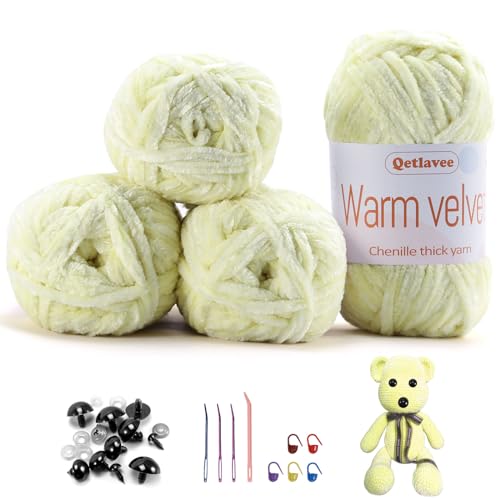 Qetlavee 4 x 100 g (4 x 80 m) Chenille Wolle Samtig Baby Wolle, Flauschige Weiche Chenille Garn Dicke Wolle zum Häkeln, mit Viele Zubehör, für Decken, Schals, Taschen, Puppen (Hellgelb) von Qetlavee