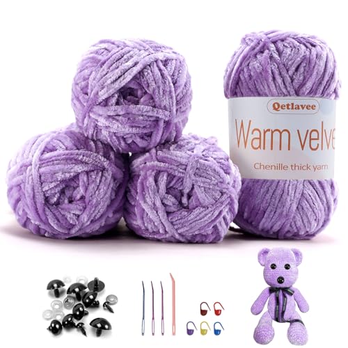 Qetlavee 4 x 100 g (4 x 80 m) Chenille Wolle Samtig Baby Wolle, Flauschige Weiche Chenille Garn Dicke Wolle zum Häkeln, mit Viele Zubehör, für Decken, Schals, Taschen, Puppen (Helles Lila) von Qetlavee