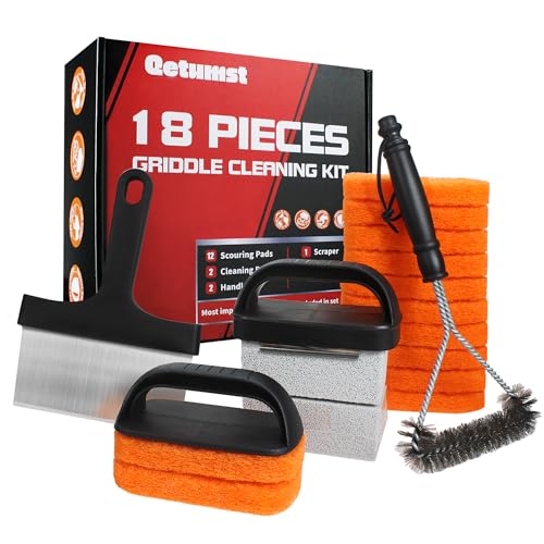 Grill-Reinigungsset für Blackstone, 18-teiliges Flat-Top-Grill-Reinigungsset mit robustem Schaber, Grillbürste, Reinigungsstein und Scheuerschwämmen, Grillzubehör-Set für einfache Wiederherstellung von Qetumst
