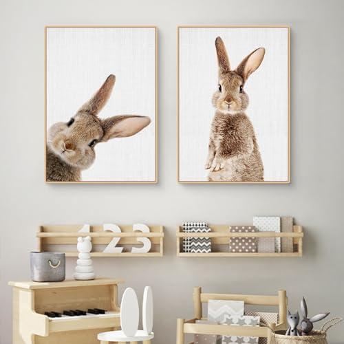 Qeuufieu 2er Moderne Poster Set Kinderzimmer Deko Hase Bilder Leinwand Bild Wandkunst, Rustikale Stil Wandbilder für Wohnzimmer,Schlafzimmer Ostern Deko,ohne Rahmen (40x50cm) von Qeuufieu