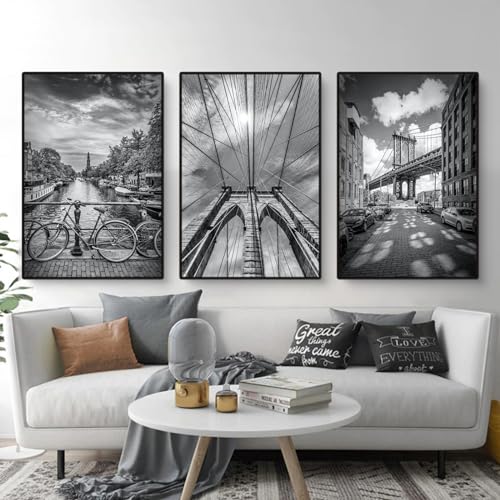 Qeuufieu 3er Poster Set, schwarz-weiß Bridge Wandbilder Wohnzimmer Bilder, Moderne Architektur Leinwandbilder Wandposter, Ohne Rahmen Kunstposter, Wohnzimmer Wanddeko (21x30cm) von Qeuufieu