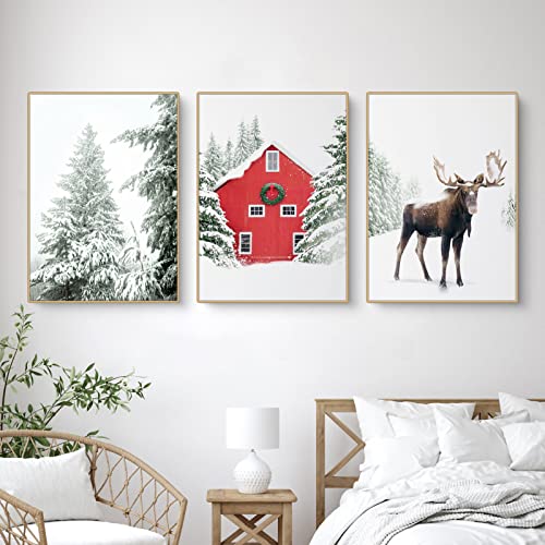 Qeuufieu 3er Weihnachts-Poster Set, Winter-Schneelandschaft Bilder, Elch, Holzhaus, Wald Wandkunst Wandbilder Modern Wanddeko für Wohnkultur, ohne Rahmen (21x30cm) von Qeuufieu