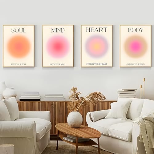 Qeuufieu 4 Stück Poster Set, Ästhetische Aura Bunte Farbverlauf, Body Mind Soul Heart Wandposter für Zimmer, Inspirationale Zitate Leinwand Kunst Gemälde Wandkunst für Schlafzimmer (40x50cm) von Qeuufieu