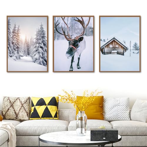 Qeuufieu Premium 3er Poster Set, Boho Winter Schneelandschaft Wandbilder, Moderne Hirsch Bilderset Wanddeko für Wohnzimmer Schlafzimmer, ohne Rahmen (B,40x50cm) von Qeuufieu