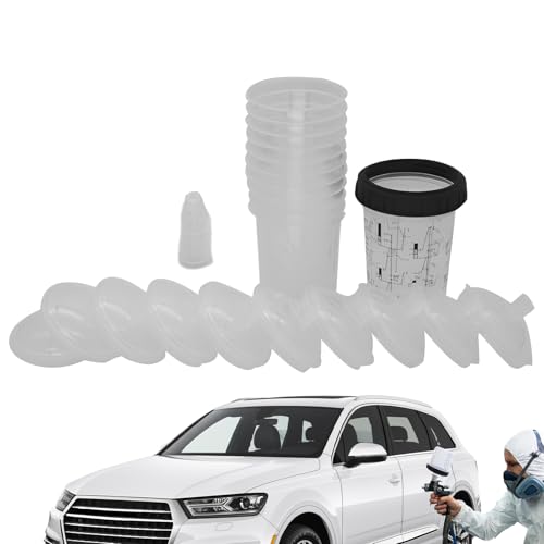 Qfdiwr Lack Mischbecher Mit Deckel, 400ml Sprühpistolen Mischbecher mit Haltering und 5 Stopfen, 10 Einsätze und 10 Deckel, Autolackierzubehör für Reparaturen von Qfdiwr