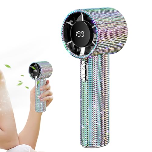 Qfdiwr Tragbarer Handventilator mit Akku, Strass Handventilator mit Kühlung, LED Display Coole Gadgets Für Damen Herren Kinder Sommer Reisen Schule Picknick Outdoor von Qfdiwr
