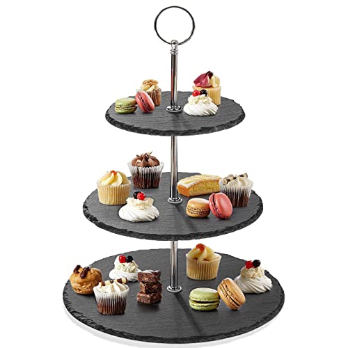 Qhecomce Tortenständer Schiefer Etagere 3 Etagen - Cupcake Ständer 3 stöckig Runder Servierturm Dessert Ständer für Hochzeit, Geburtstagsparty, Heimdekoration (Natural Cut Edge) von Qhecomce