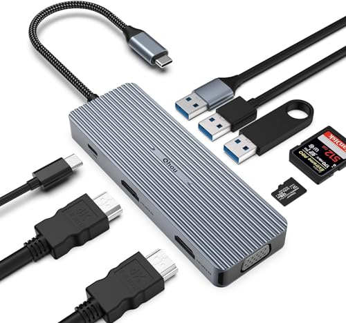 9 in 1 USB C Hub, Dreifach-Display, 2 x HDMI/VGA, schnelle Dockingstation für Mac Pro/Air, Dell, Surface, HP, Lenovo, Typ-C-Geräte (SD/TF+USB A 3.0/2.0+PD-Laden) von Qhou