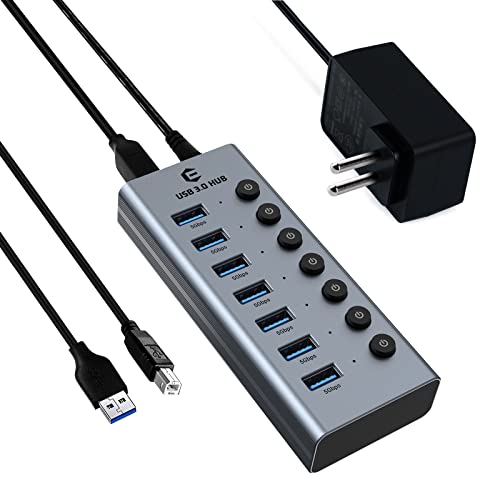 Hub USB 3.0, Adaptateur USB 7 en 1 en Active 3.0 Avec Alimentation, hub USB 3.0 Avec 7 Ports USB-A câble de 100 cm, Dock d'alimentation 24 W (12V/2A) et Interrupteur séparé Avec indicateur LED von Qhou