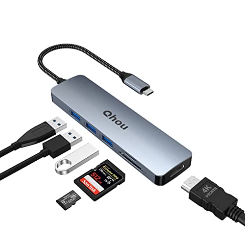 Qhou USB C Hub, 6 in 1 USB C Multiport Adapter, 4K HDMI Adapter, 3 USB 3.0, SD/TF Kartenleser, USB C Adapter Kompatibel mit Dell XPS 15/13, Ultra Slim von Qhou