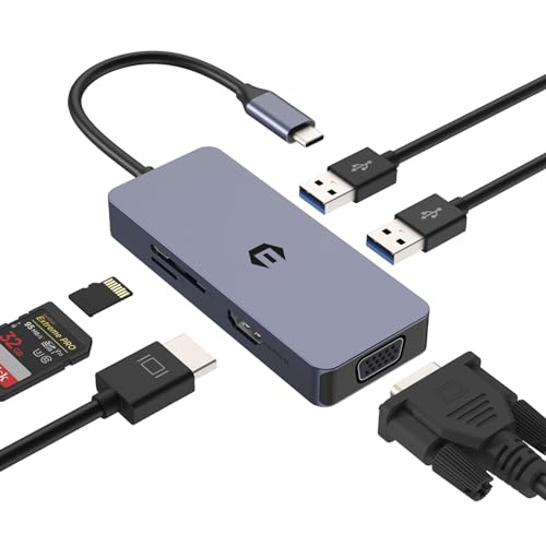 USB C Adapter HUB, USB HUB, 6 in 1 USB C Hub mit HDMI, VGA, USB A, USB 2.0, SD/TF Kartenleser, kompatibel mit Mac, Windows von Qhou