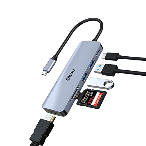 USB C HUB, 6 in 1 USB C Adapter mit 4K HDMI Ausgang, 2 USB 3.0, 100W PD, SD/TF Card Playback Kompatibel mit MacBook Pro/Air/Surface Pro und Anderen Type-C Geräten von Qhou