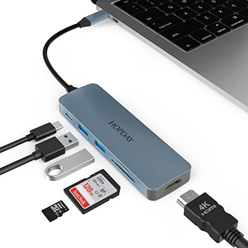 USB C HUB, 6 in 1 USB C Adapter mit 4K HDMI Ausgang, 2 USB 3.0, 100W PD, SD/TF Kartenwiedergabe kompatibel mit MacBook Pro/Air/Surface Pro und Anderen Typ C Geräten von Qhou